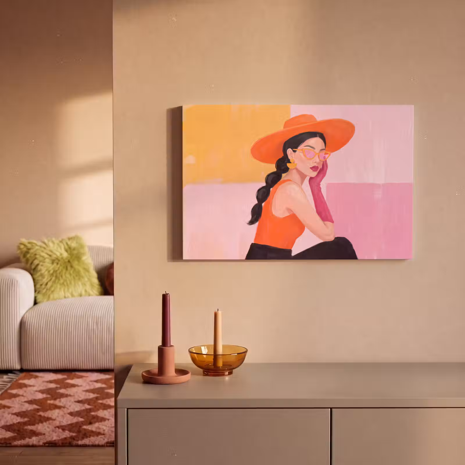 Canvas schilderij - Vrouw - Hoed - Mode - Modern - Oranje — 1
