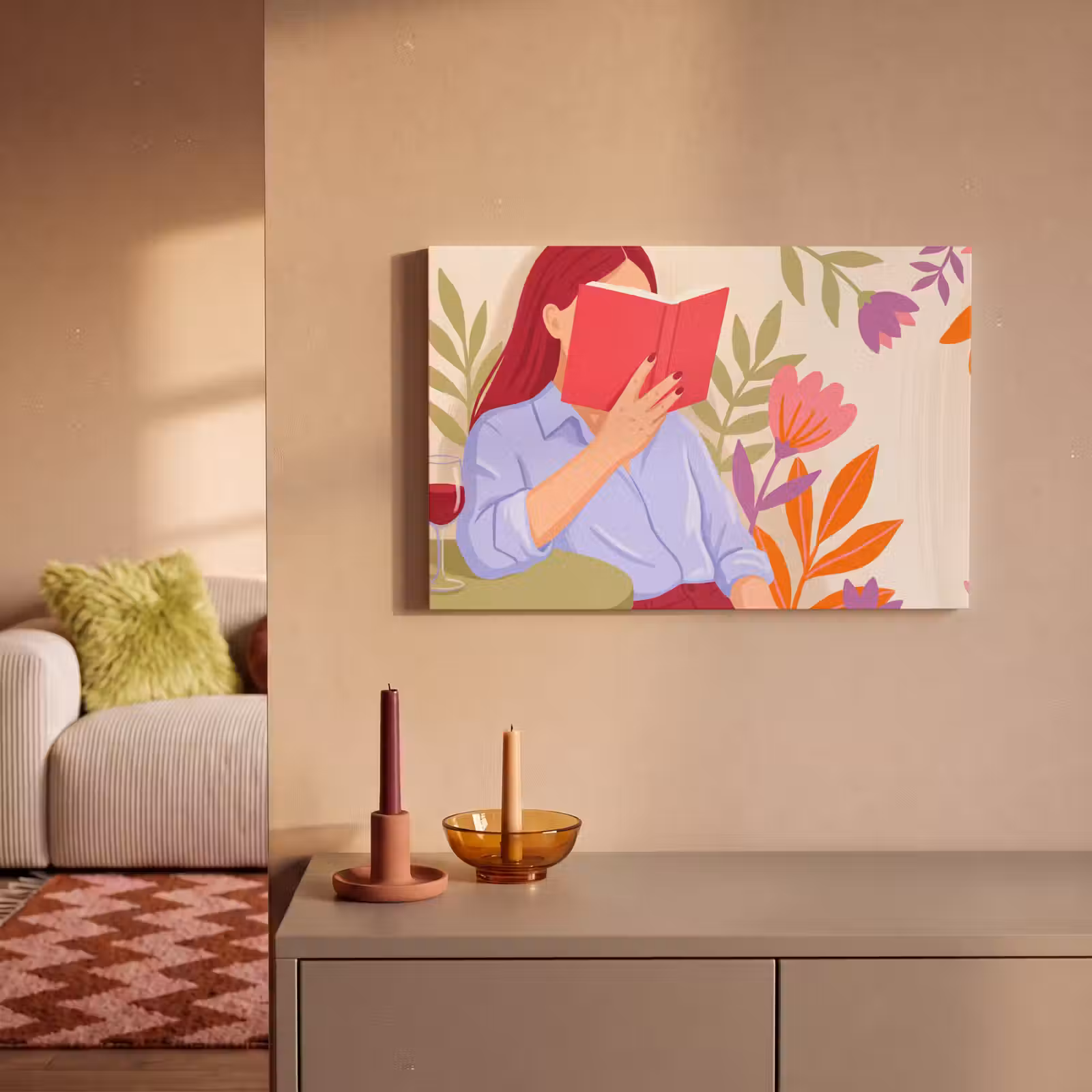 Canvas schilderij - Vrouw - Lezen - Thuis - Modern - Bloemen — 1