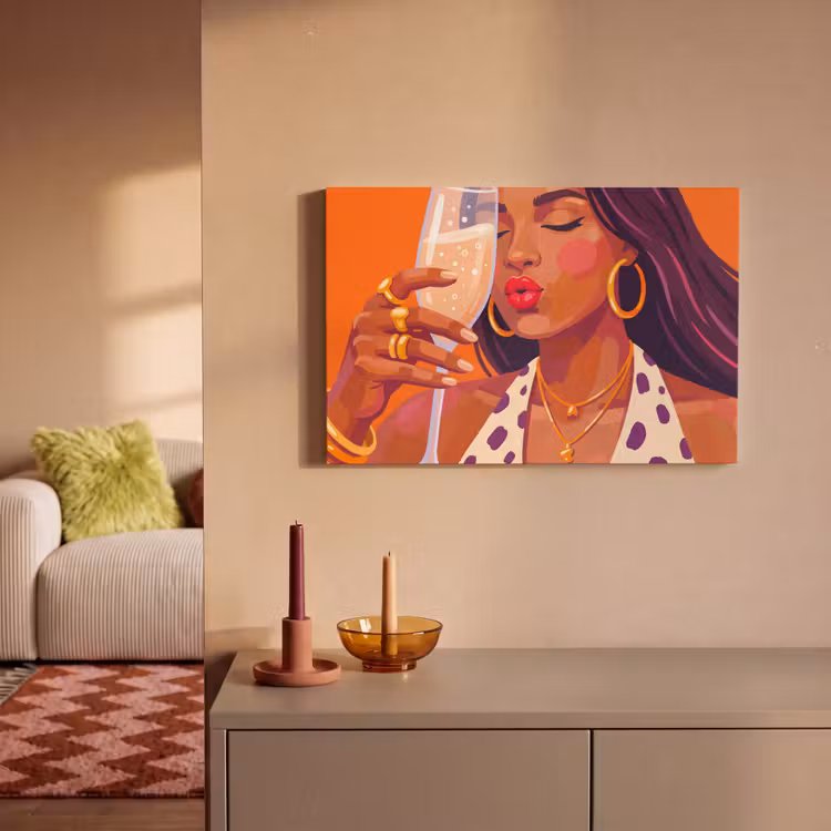 Canvas schilderij - Vrouw - Champagne - Feest - Modern - Oranje — 1