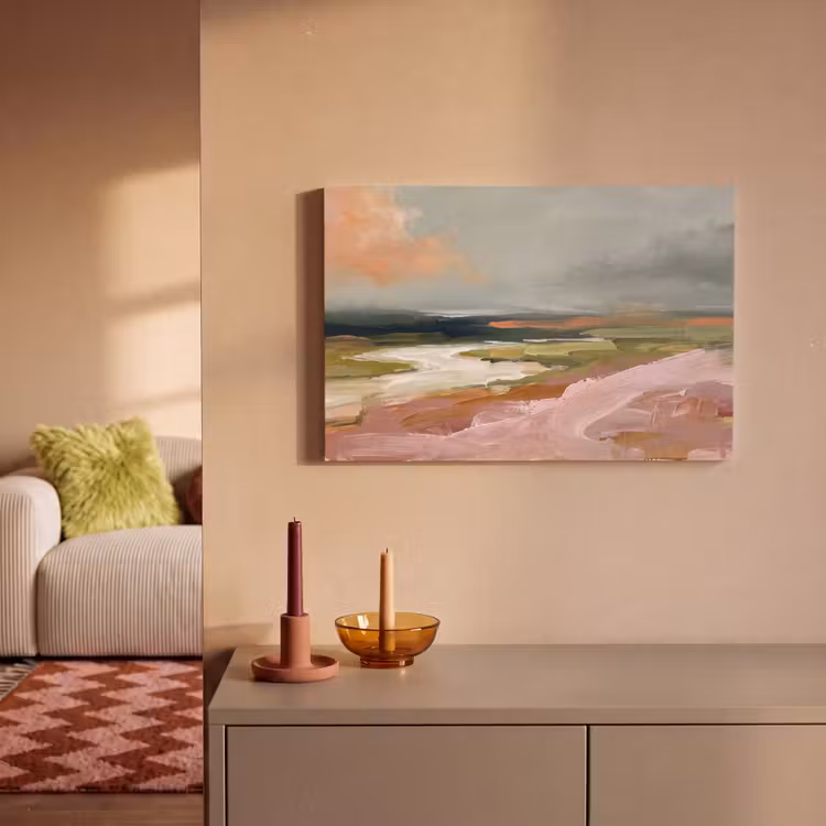Canvas schilderij - Landschap - Rivier - Abstract - Roze - Groen — 1