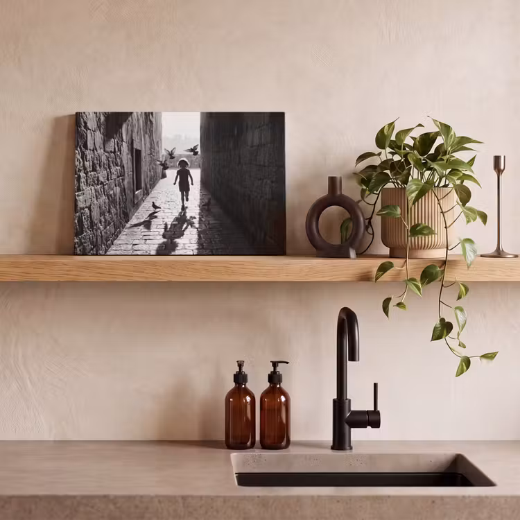 Canvas schilderij - Kind - Vogel - Straat - Zwart-wit - Spelen — 3