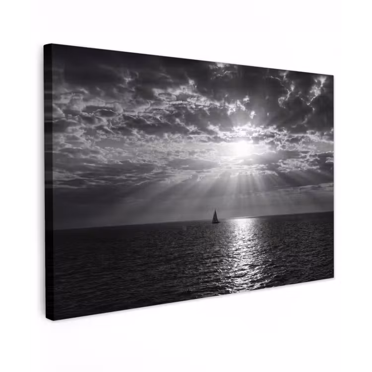 Canvas schilderij - Water - Boot - Lucht - Natuur - Zwart-wit — 1