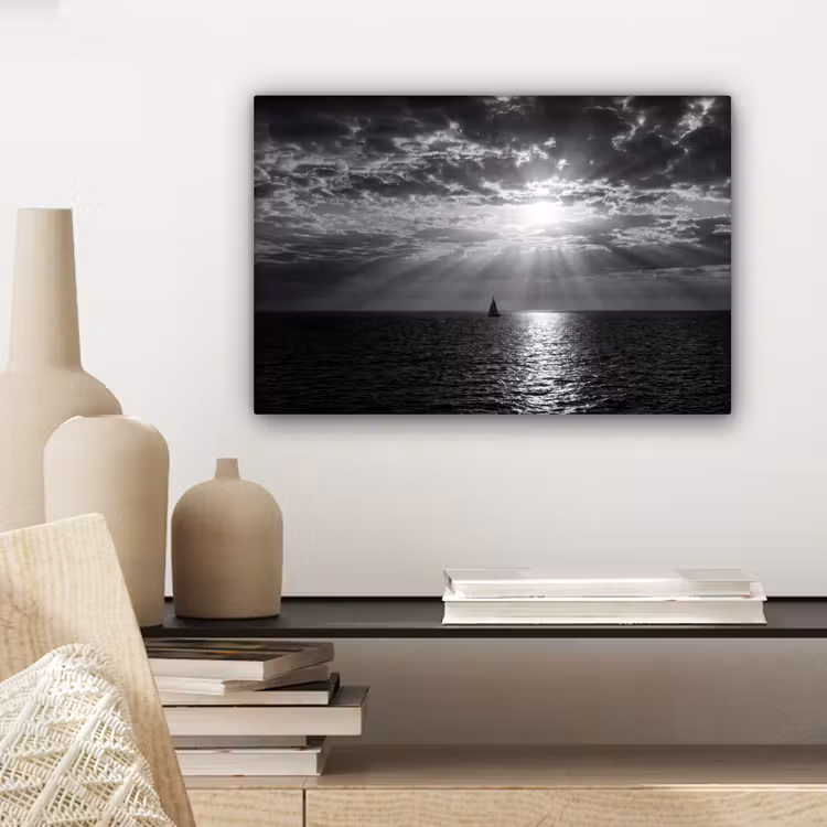 Canvas schilderij - Water - Boot - Lucht - Natuur - Zwart-wit — 5