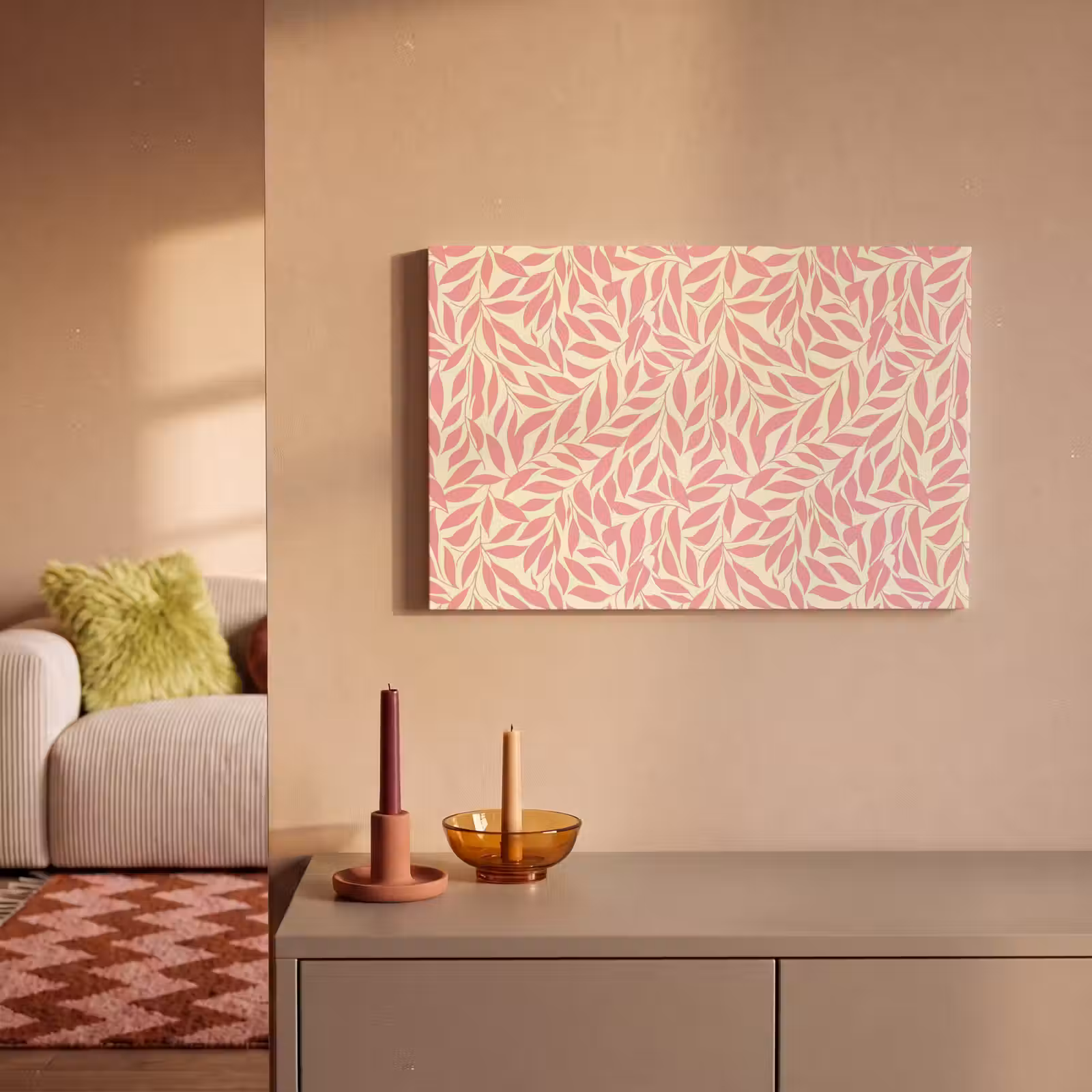 Canvas schilderij - Roze - Bladeren - Dynamisch - Patroon — 1