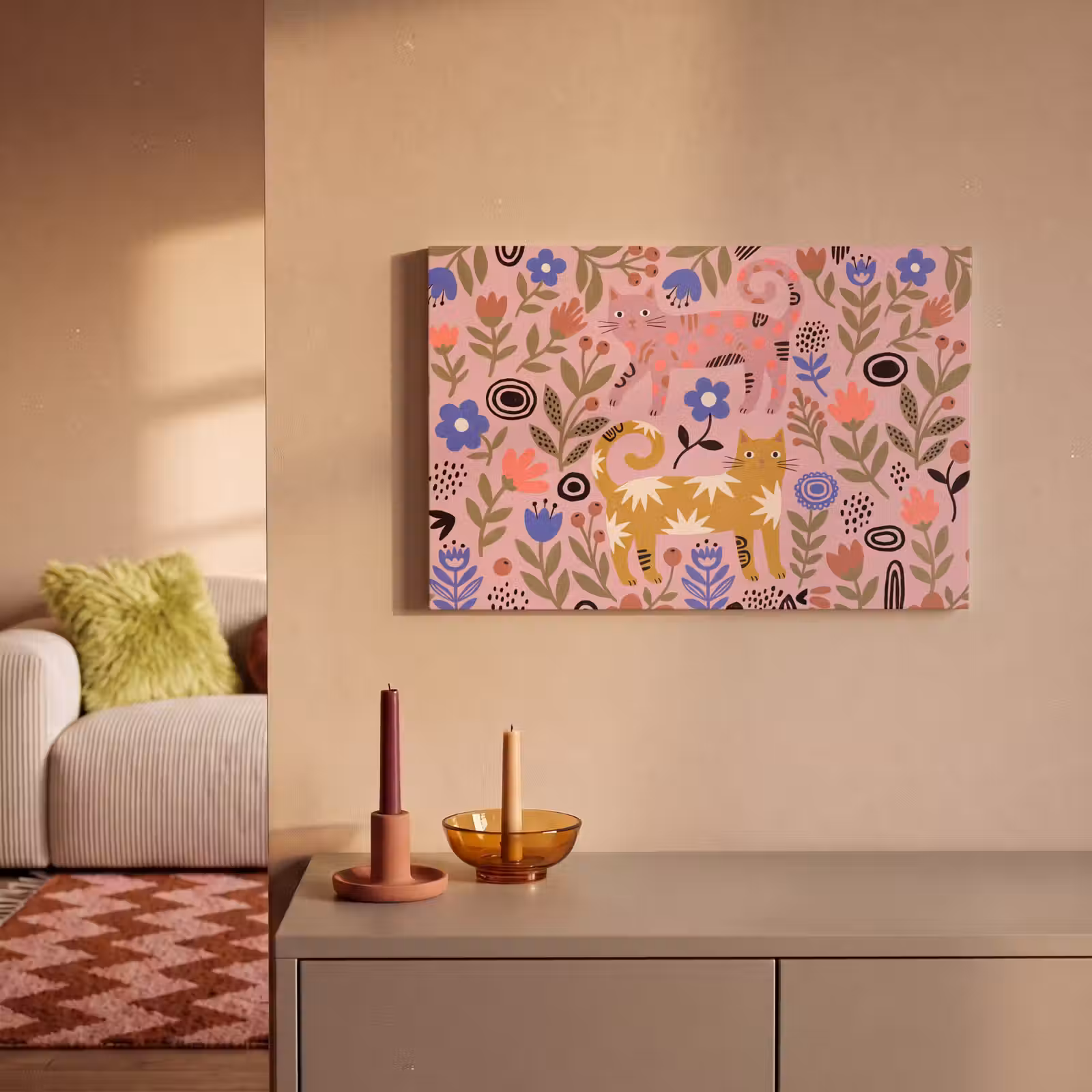 Canvas schilderij - Kat - Bloemen - Dieren - Modern - Roze — 1