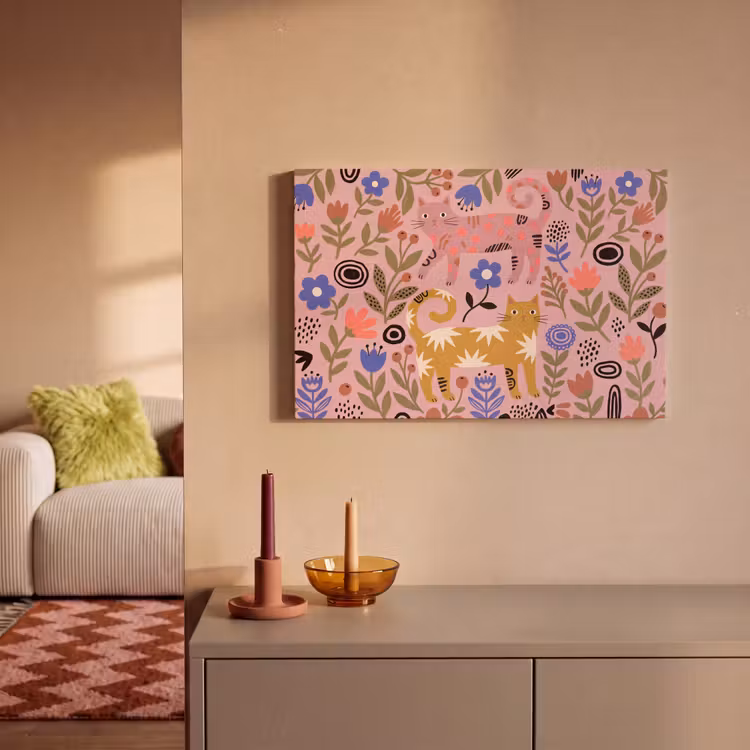 Canvas schilderij - Kat - Bloemen - Dieren - Modern - Roze — 1
