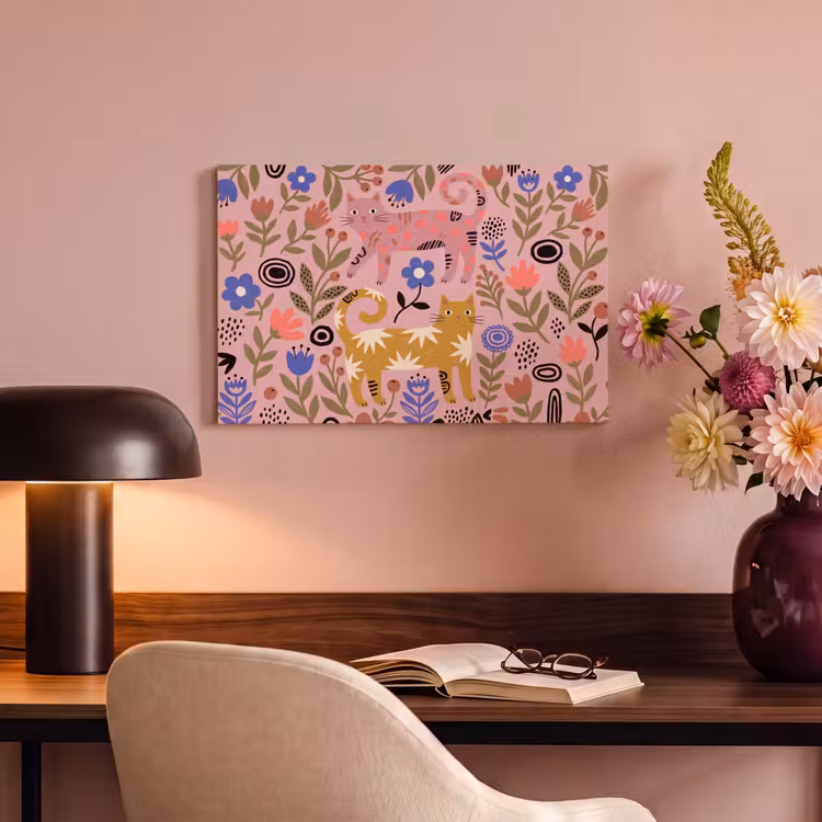 Canvas schilderij - Kat - Bloemen - Dieren - Modern - Roze — 3