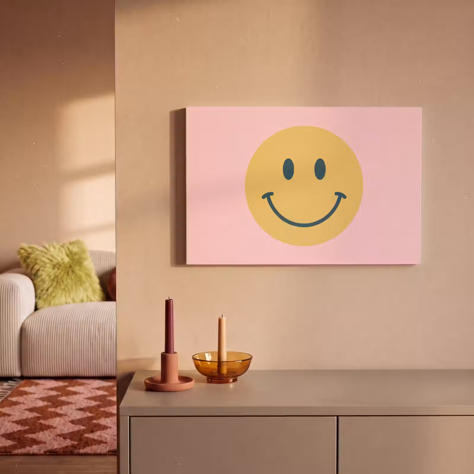 Canvas schilderij - Smiley - Geel - Roze - Symbool - Minimalistisch — 1
