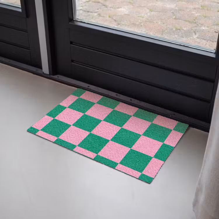 Deurmat - Schaakbord patroon - Groen - Roze - Blokjes — 2