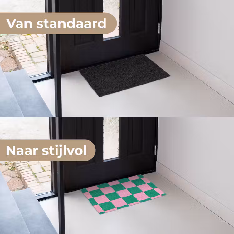 Deurmat - Schaakbord patroon - Groen - Roze - Blokjes — 3
