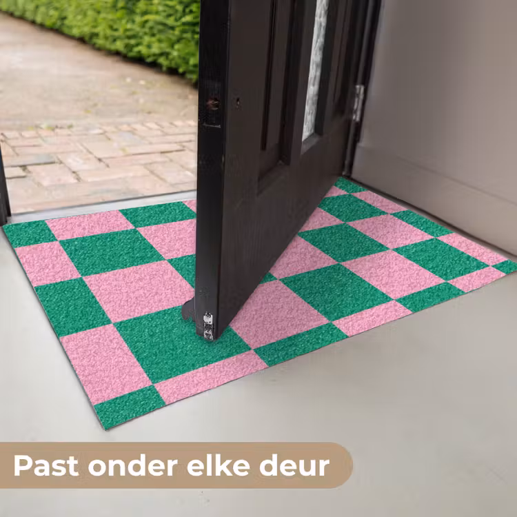 Deurmat - Schaakbord patroon - Groen - Roze - Blokjes — 7