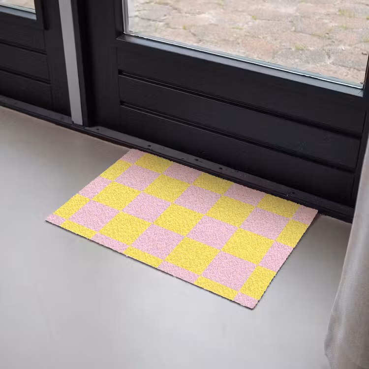 Deurmat - Schaakbord patroon - Geel - Roze - Blokjes — 2