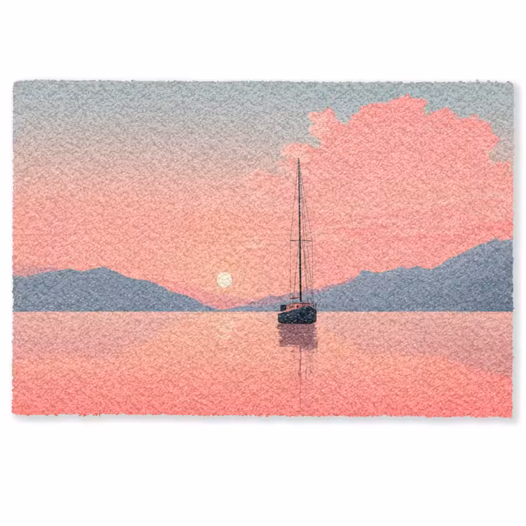 Deurmat - Zeilboot - Roze zee - Zonsondergang - Bergen — 1
