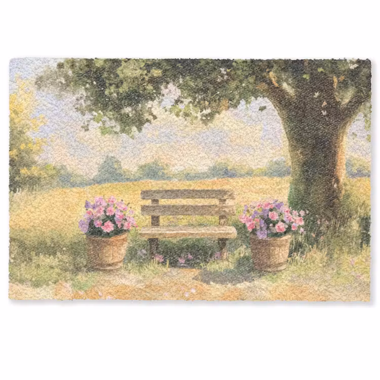 Deurmat - Houten bankje - Bloempotten - Landschap — 1
