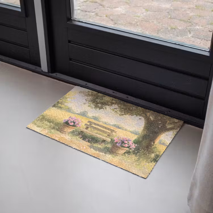 Deurmat - Houten bankje - Bloempotten - Landschap — 2