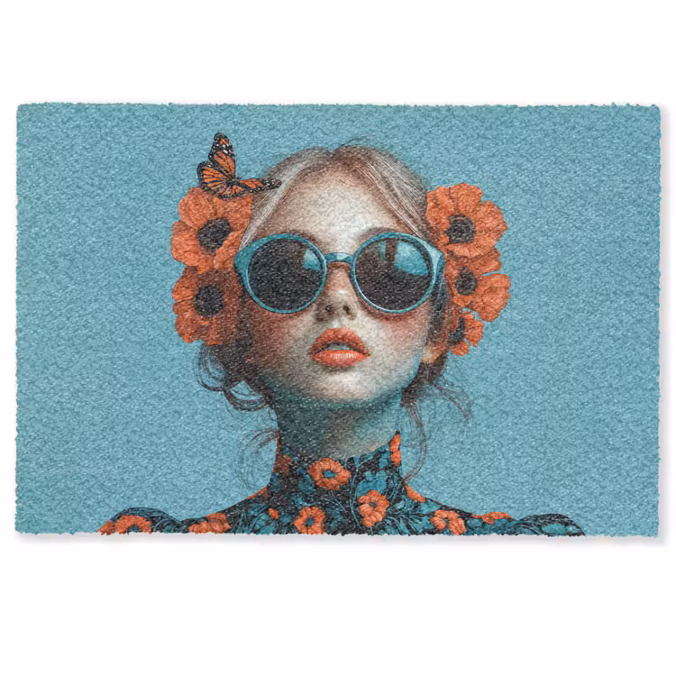 Deurmat - Vrouw - Blauw - Vlinder - Bloemen - Aesthetic — 1