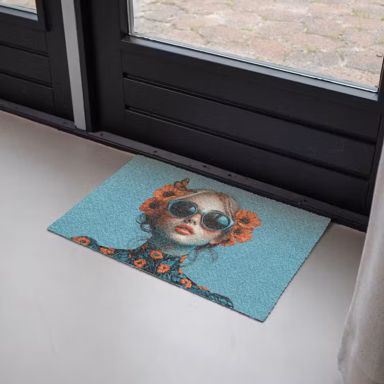 Deurmat - Vrouw - Blauw - Vlinder - Bloemen - Aesthetic — 2