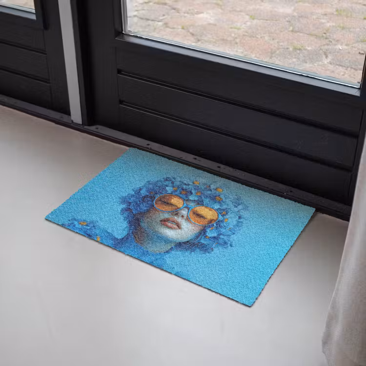 Deurmat - Vrouw - Bloem - Blauw - Modern - Bril - Portret — 2