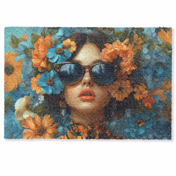 Deurmat - Vrouw - Bloemen - Oranje - Blauw - Modern — 1