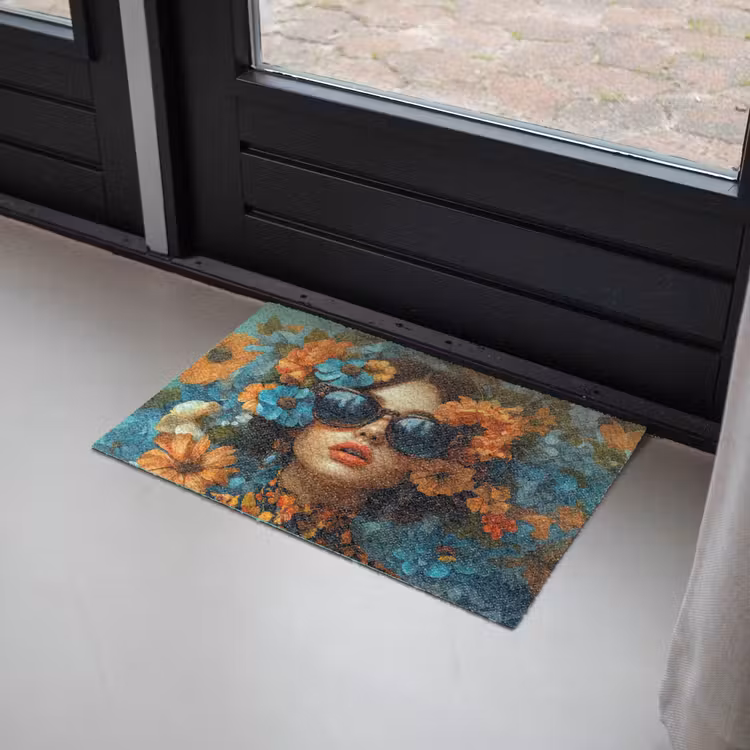 Deurmat - Vrouw - Bloemen - Oranje - Blauw - Modern — 2