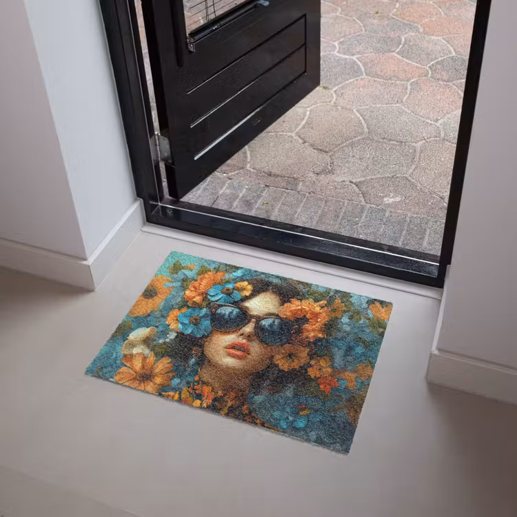 Deurmat - Vrouw - Bloemen - Oranje - Blauw - Modern — 4