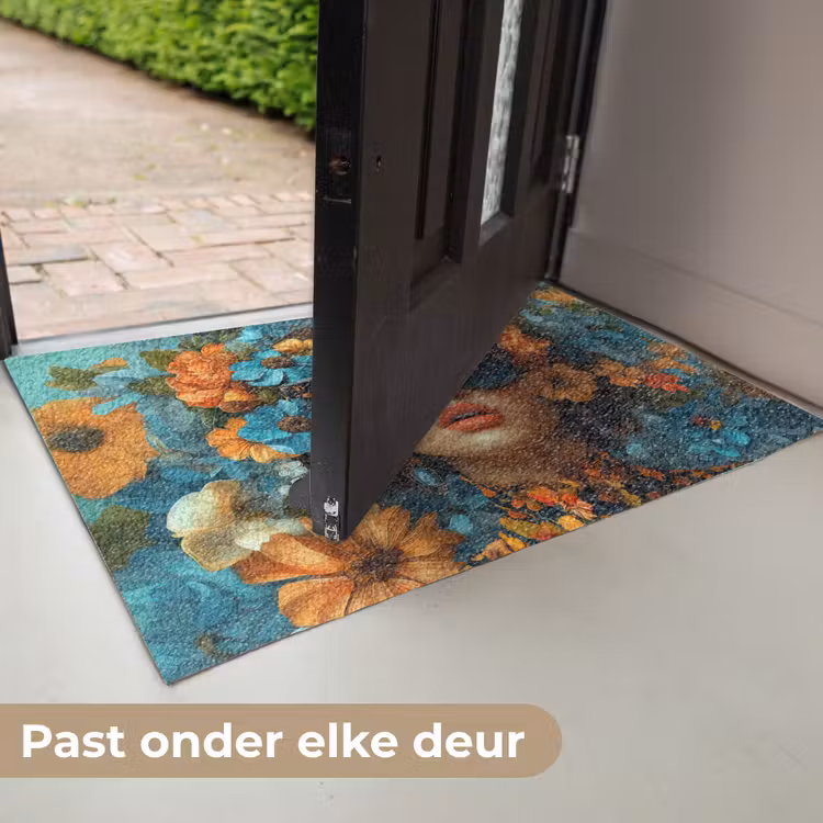 Deurmat - Vrouw - Bloemen - Oranje - Blauw - Modern — 7