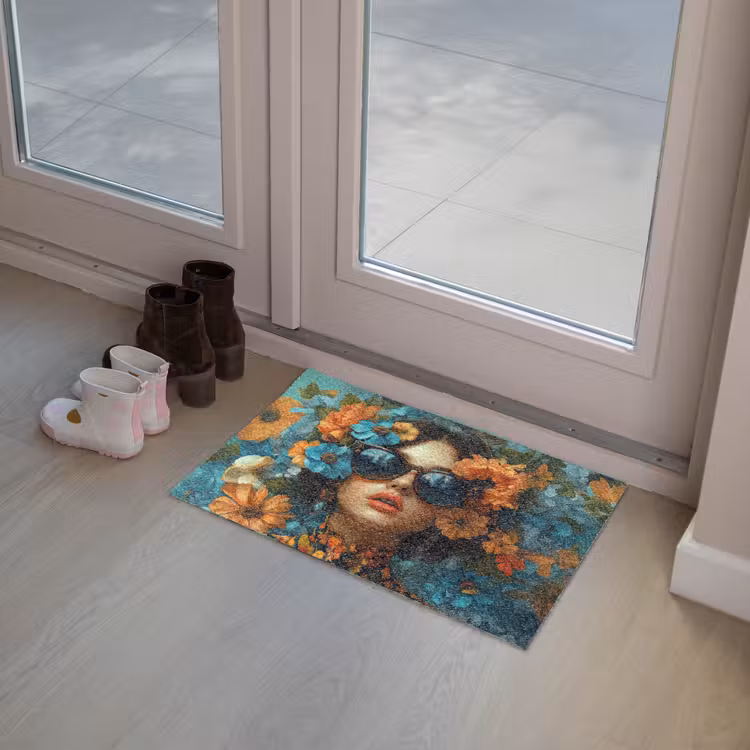 Deurmat - Vrouw - Bloemen - Oranje - Blauw - Modern — 8