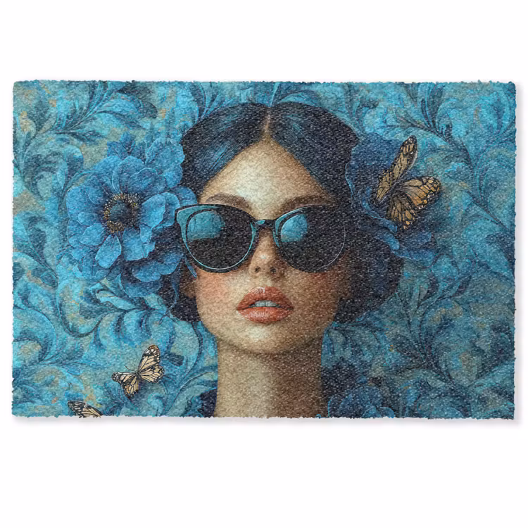 Deurmat - Vrouw - Bloemen - Vlinders - Blauw - Abstract — 1