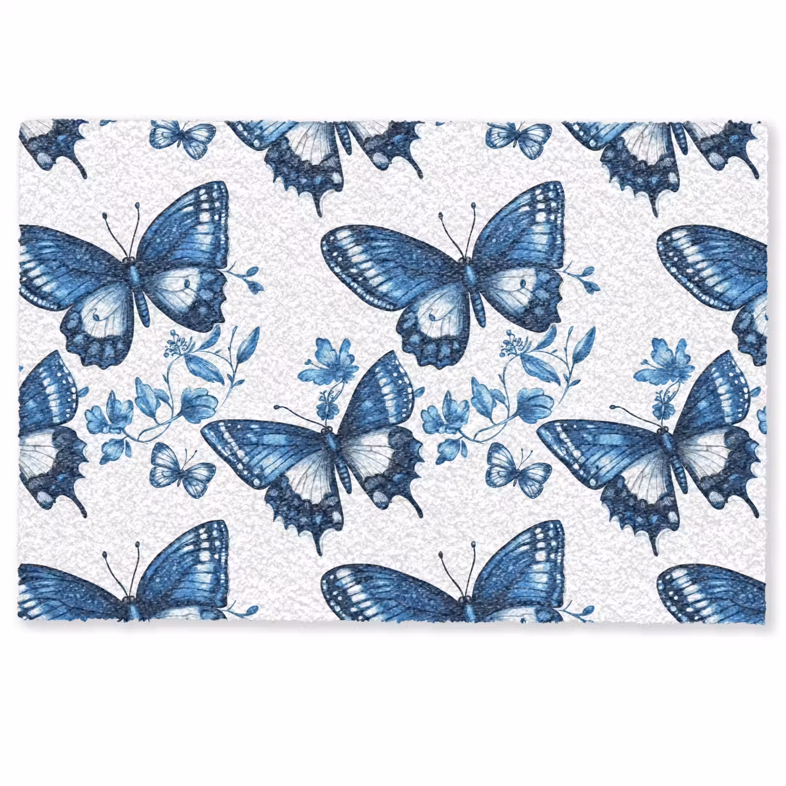 Deurmat - Blauw - Vlinders - Bloemen - Wit — 1