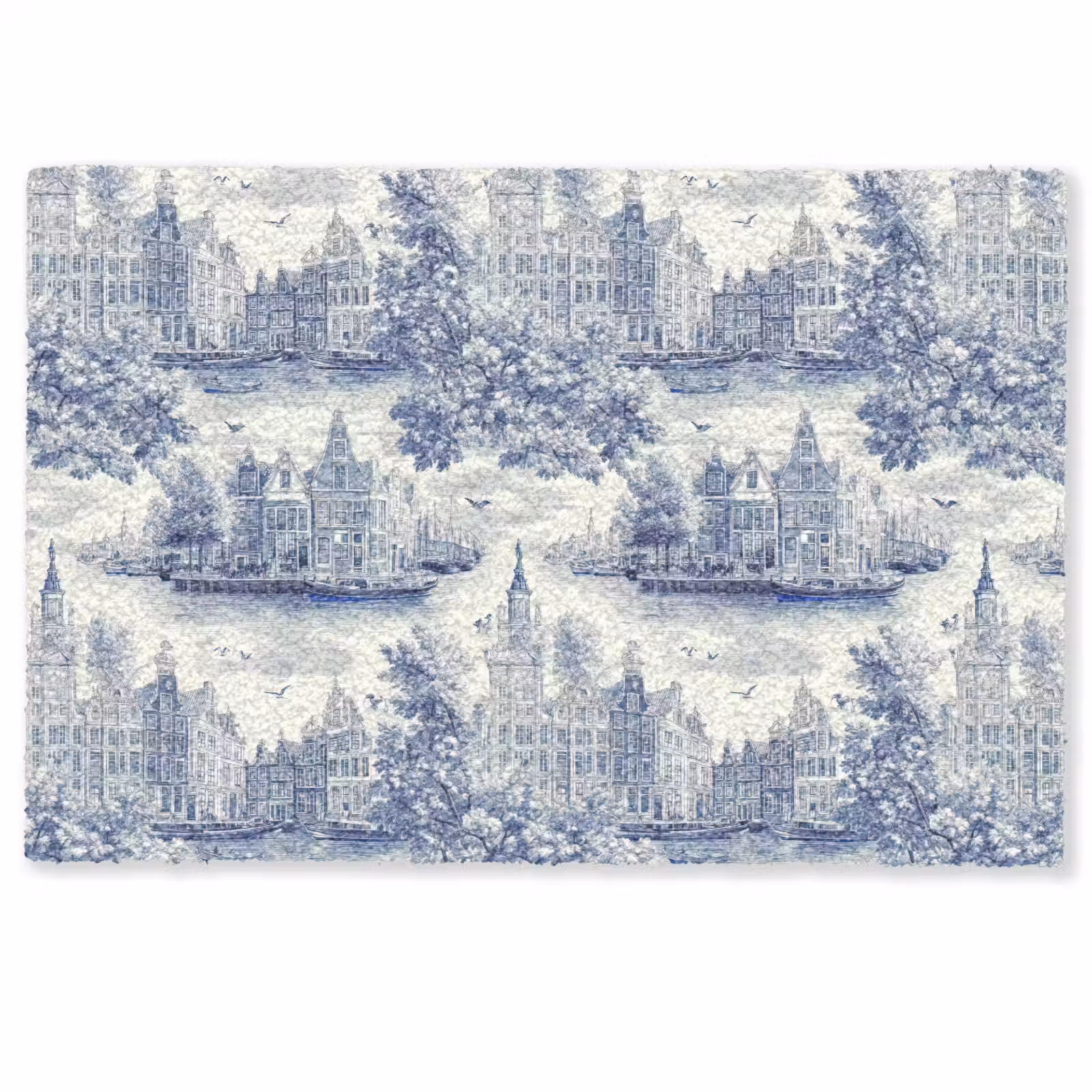 Deurmat - Huizen - Bomen - Water - Vogels - Blauw — 1