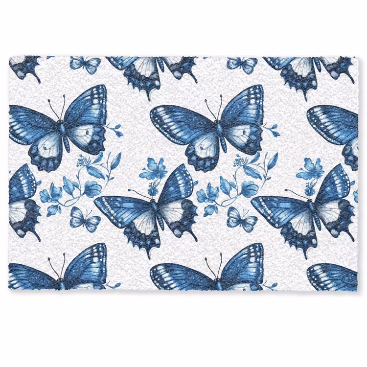 Deurmat - Blauw - Vlinders - Bloemen - Wit — 1