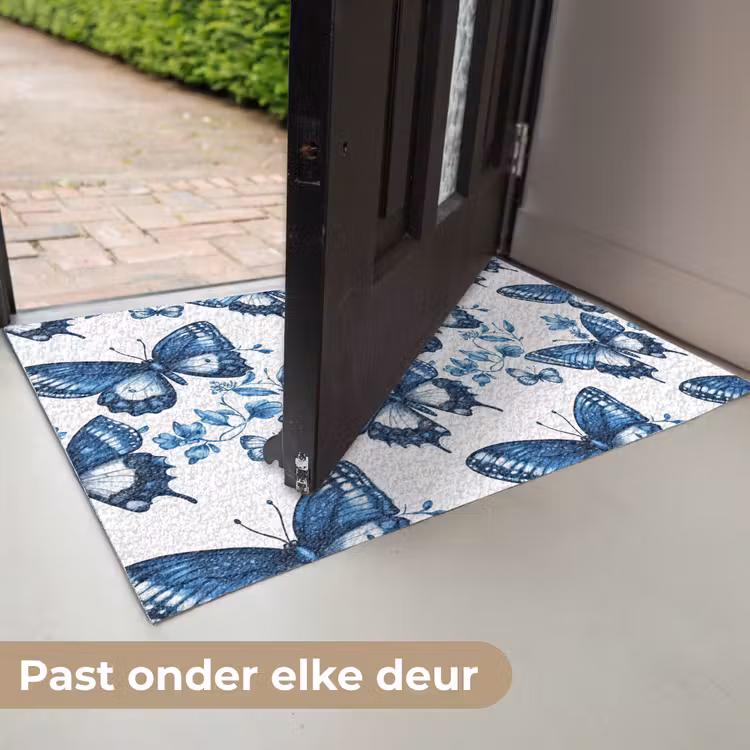 Deurmat - Blauw - Vlinders - Bloemen - Wit — 7