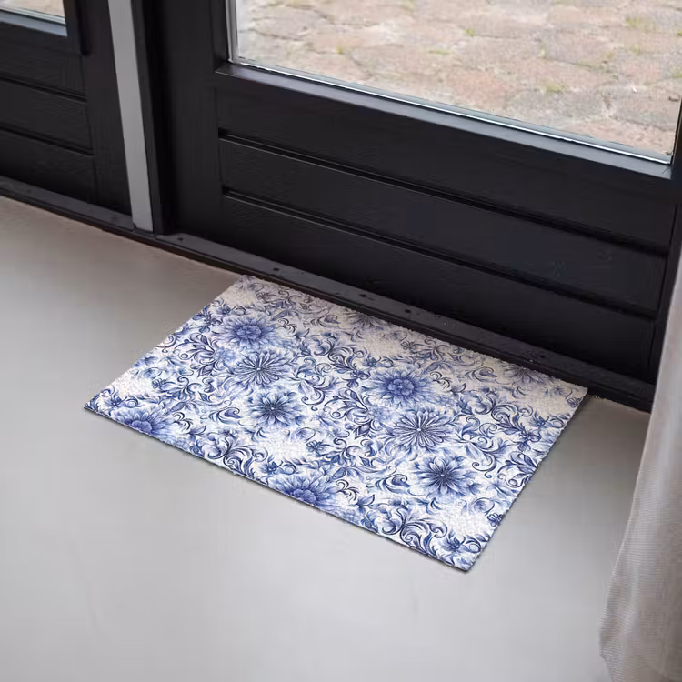 Deurmat - Bloemen - Blauw - Patroon - Wit — 2