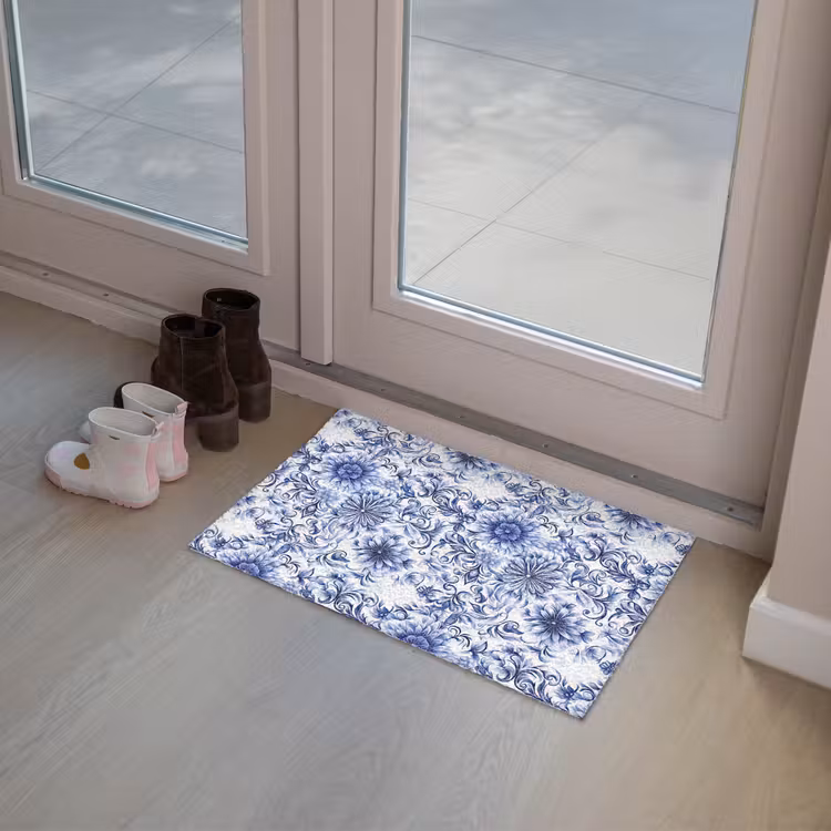 Deurmat - Bloemen - Blauw - Patroon - Wit — 8