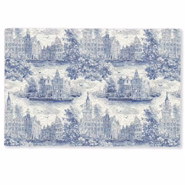 Deurmat - Huizen - Bomen - Water - Vogels - Blauw — 1