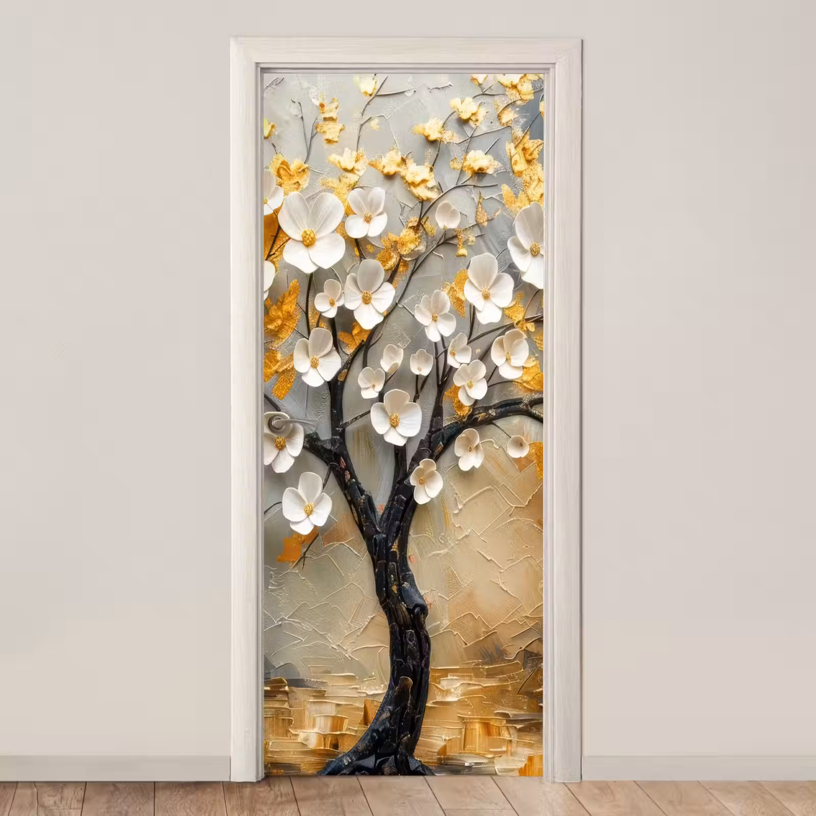 Deursticker - Boom - Bloemen - Goud - Beige — 1
