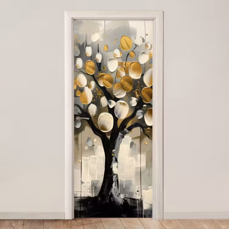 Deursticker - Boom - Abstract - Beige - Goud - Zwart — 1