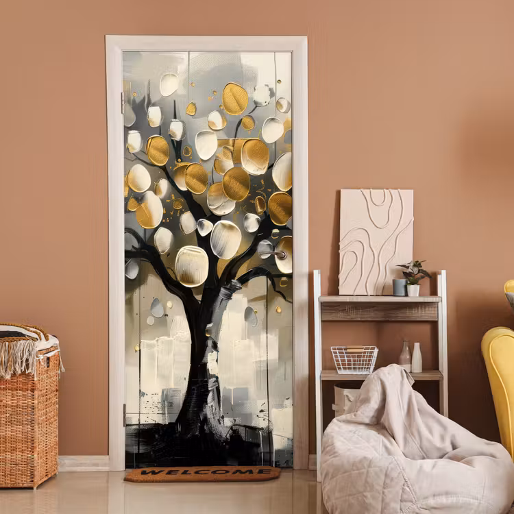 Deursticker - Boom - Abstract - Beige - Goud - Zwart — 2