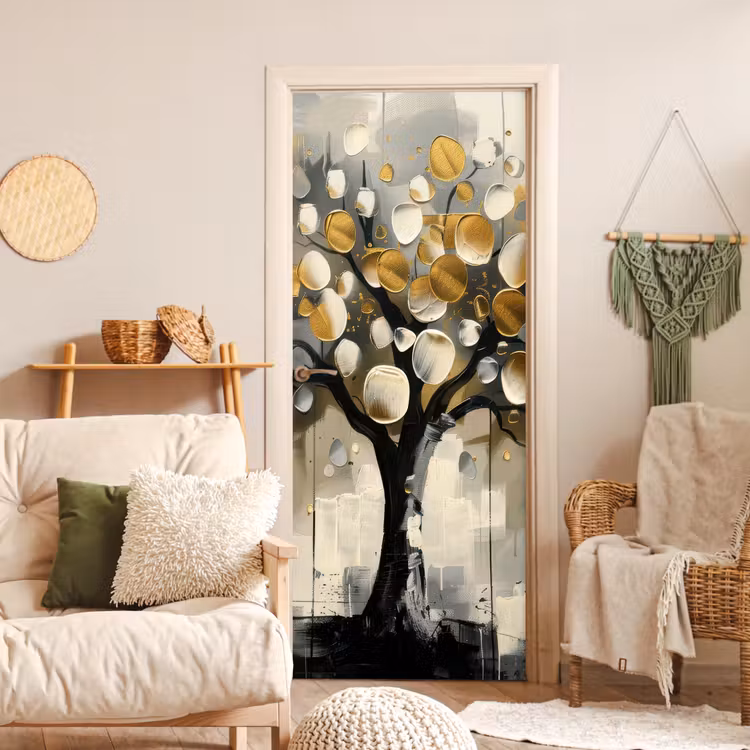 Deursticker - Boom - Abstract - Beige - Goud - Zwart — 4
