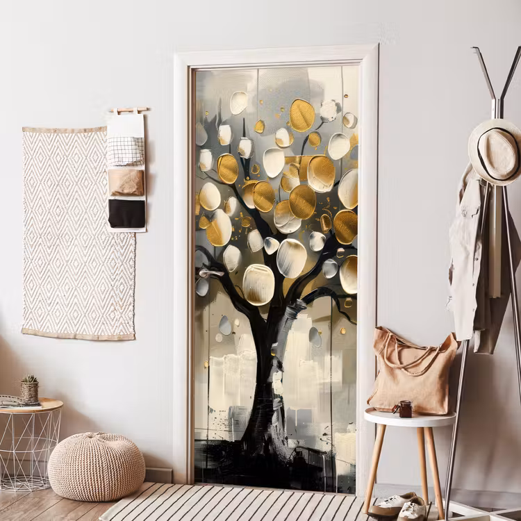 Deursticker - Boom - Abstract - Beige - Goud - Zwart — 8