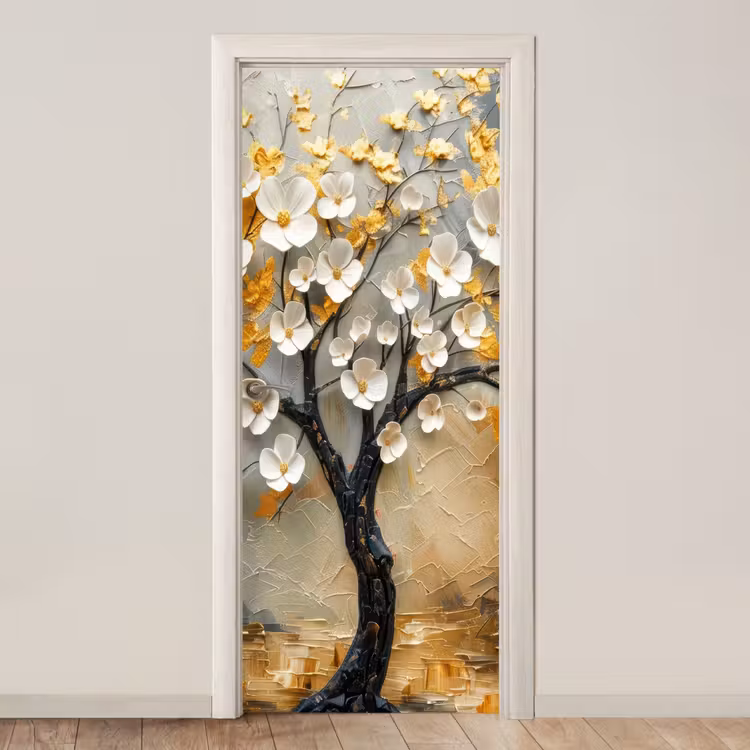 Deursticker - Boom - Bloemen - Goud - Beige — 1