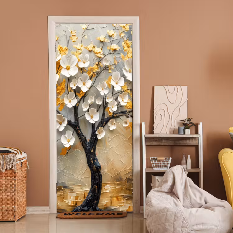 Deursticker - Boom - Bloemen - Goud - Beige — 2