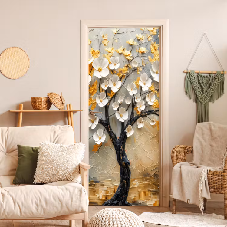 Deursticker - Boom - Bloemen - Goud - Beige — 4