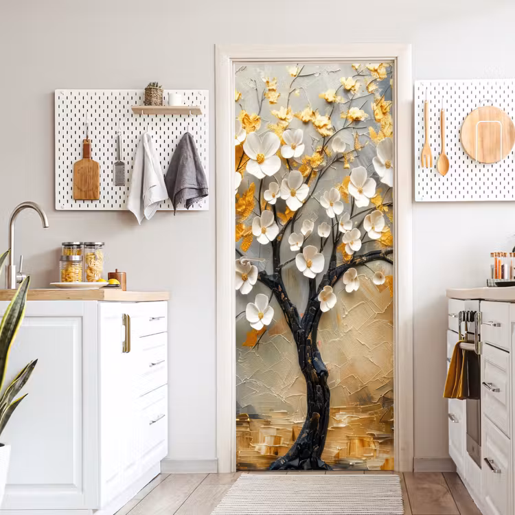 Deursticker - Boom - Bloemen - Goud - Beige — 7
