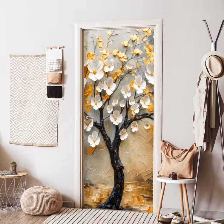 Deursticker - Boom - Bloemen - Goud - Beige — 8