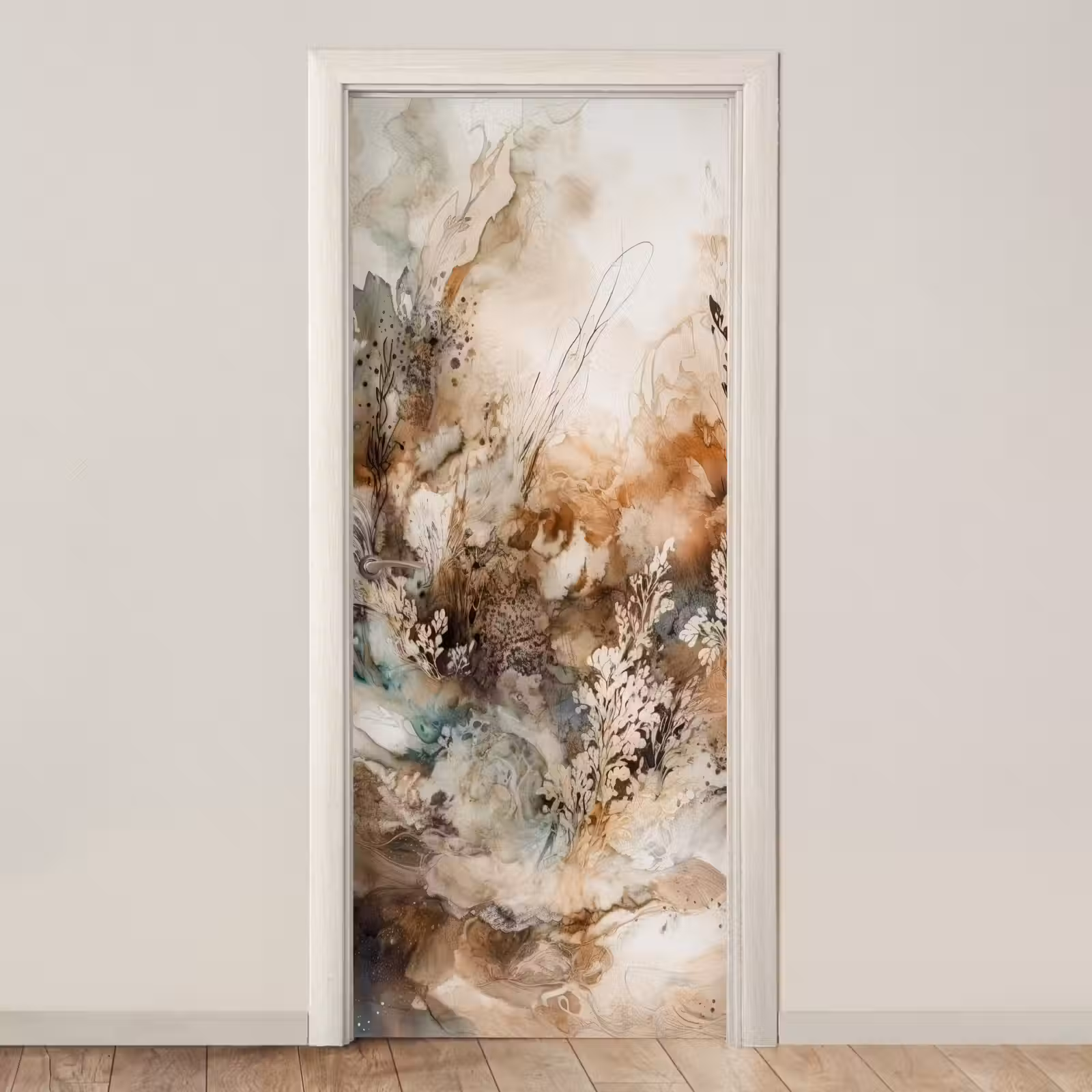 Deursticker - Abstract - Beige - Verf - Kunst - Natuur - Bloemen — 1