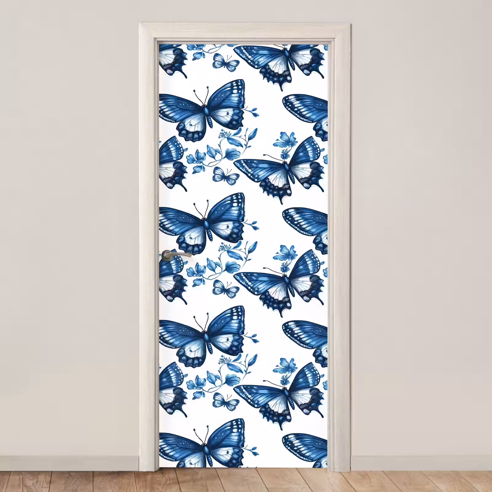 Deursticker - Blauw - Vlinders - Bloemen - Wit — 1