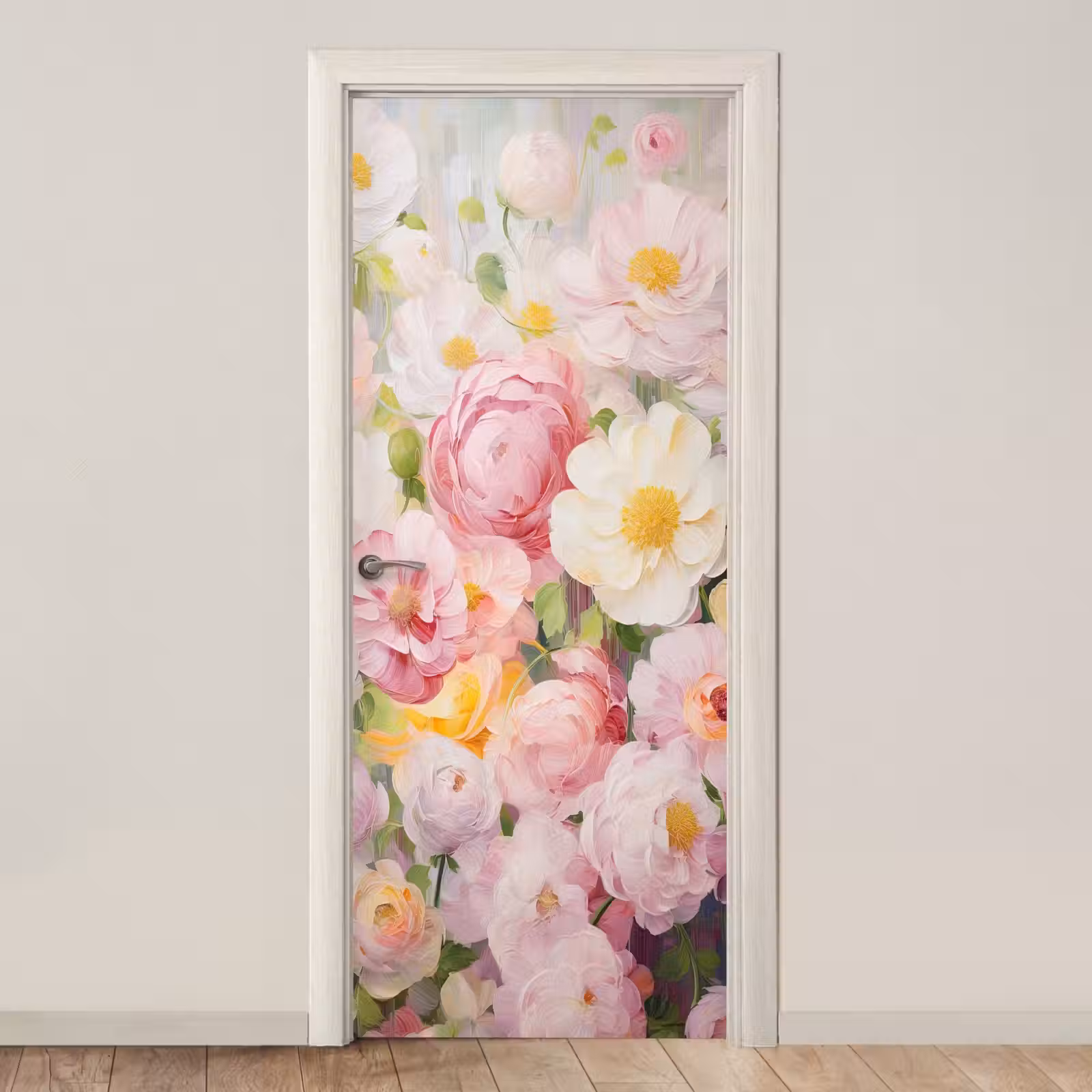 Deursticker - Bloemen - Roze - Botanisch - Kunst - Acrylverf — 1