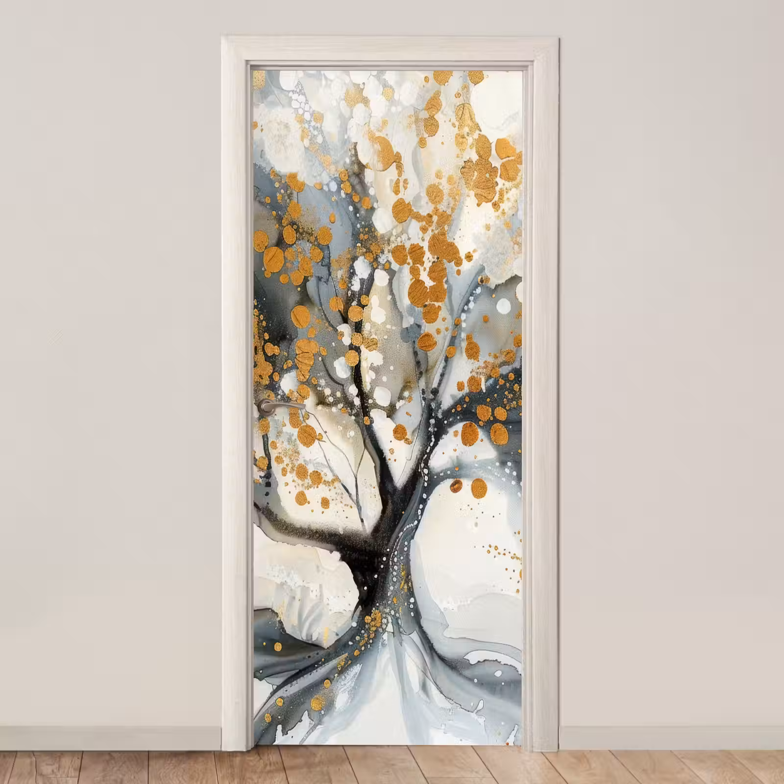 Deursticker - Boom - Modern - Abstract - Goud - Zwart - Wit — 1
