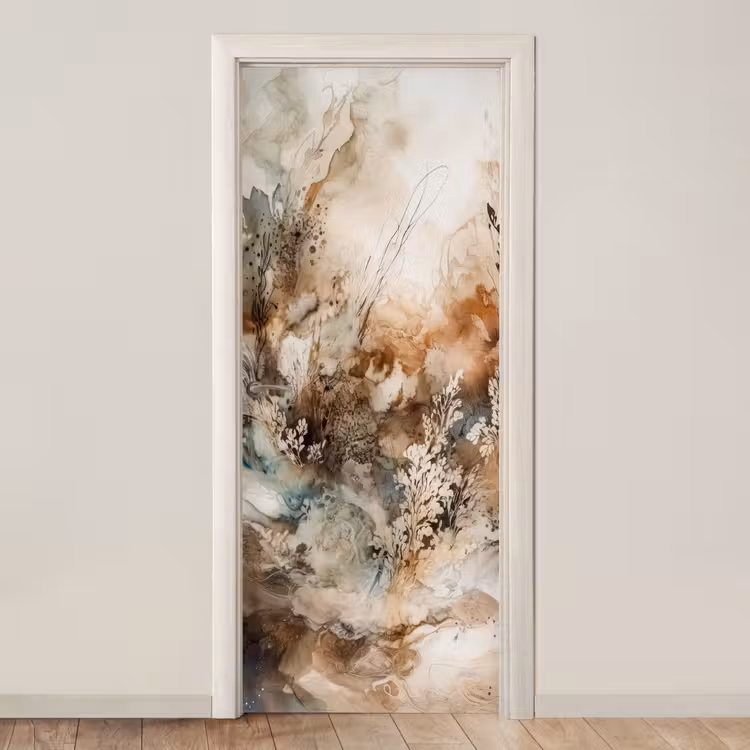 Deursticker - Abstract - Beige - Verf - Kunst - Natuur - Bloemen — 1